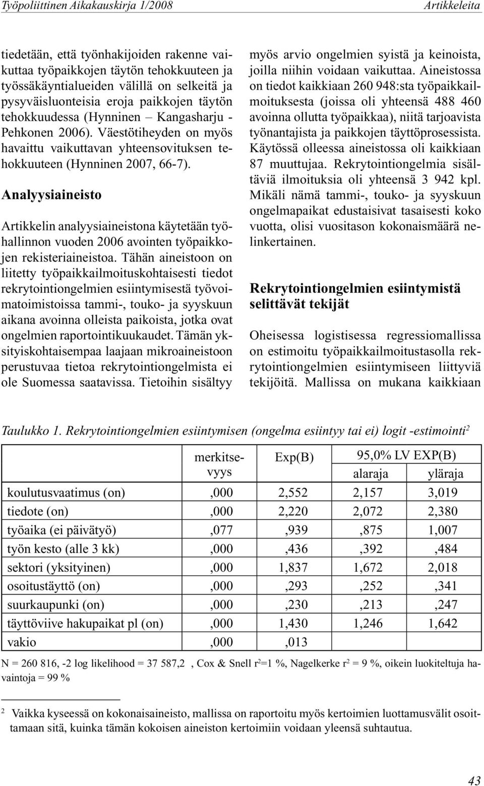 Analyysiaineisto Artikkelin analyysiaineistona käytetään työhallinnon vuoden 2006 avointen työpaikkojen rekisteriaineistoa.