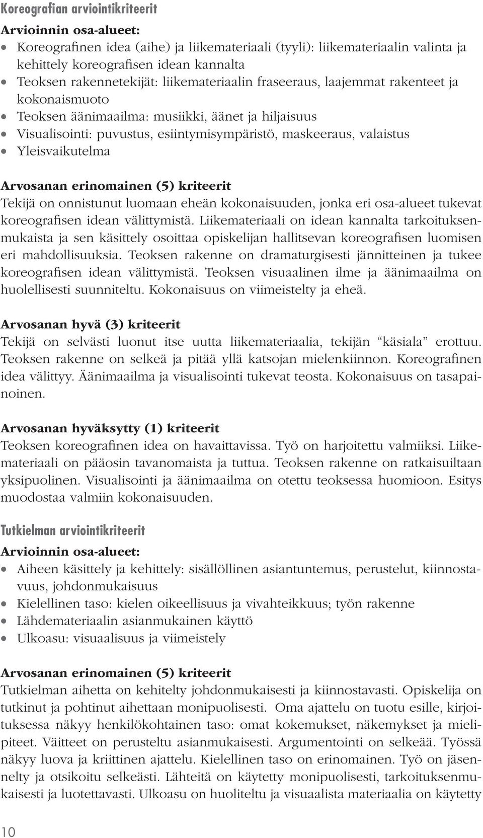 Yleisvaikutelma Arvosanan erinomainen (5) kriteerit Tekijä on onnistunut luomaan eheän kokonaisuuden, jonka eri osa-alueet tukevat koreografisen idean välittymistä.