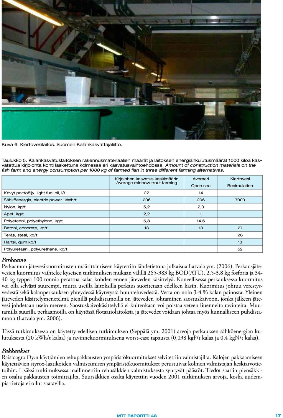 Amount of construction materials on the fish farm and energy consumption per 1000 kg of farmed fish in three different farming alternatives.