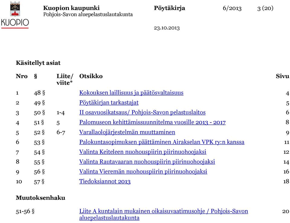 Palokuntasopimuksen päättäminen Airakselan VPK ry:n kanssa 11 7 54 Valinta Keiteleen nuohouspiirin piirinuohoojaksi 12 8 55 Valinta Rautavaaran nuohouspiirin piirinuohoojaksi 14