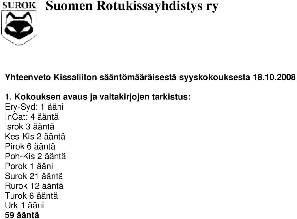 ääni 59 ääntä yksikertainen enemmistö 30 ääntä, ¾ määräenemmistö 45 ääntä 2.