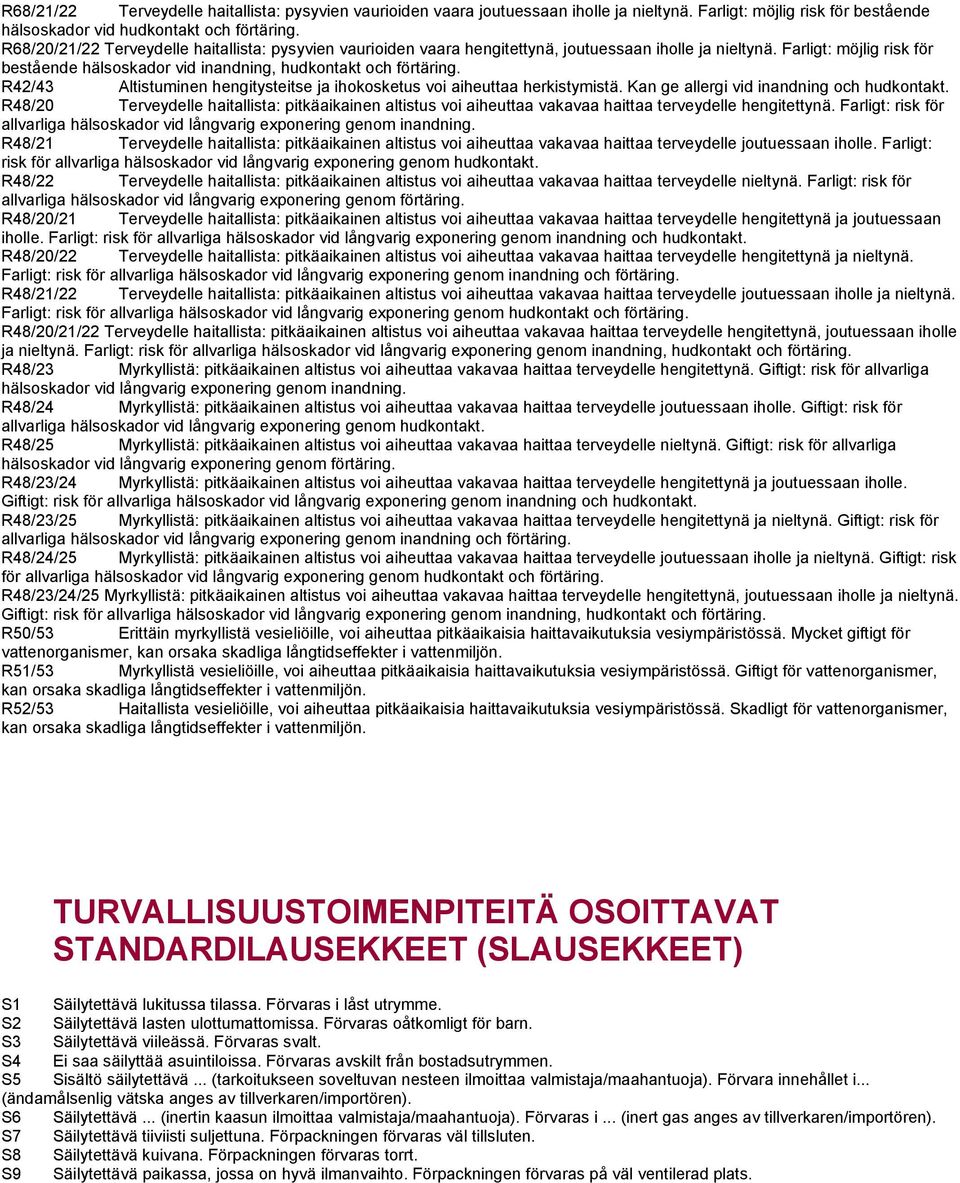 R42/43 Altistuminen hengitysteitse ja ihokosketus voi aiheuttaa herkistymistä. Kan ge allergi vid inandning och hudkontakt.