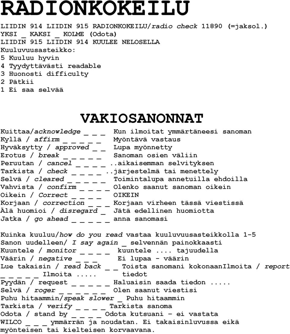 Kuittaa/acknowledge _ Kun ilmoitat ymmärtäneesi sanoman Kyllä / affirm _ Myöntävä vastaus Hyväksytty / approved Lupa myönnetty Erotus / break _ Sanoman osien väliin Peruutan / cancel.