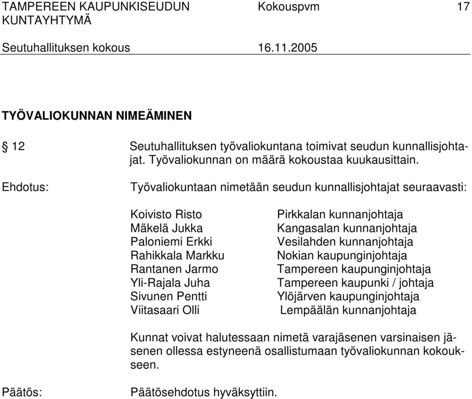 Viitasaari Olli Pirkkalan kunnanjohtaja Kangasalan kunnanjohtaja Vesilahden kunnanjohtaja Nokian kaupunginjohtaja Tampereen kaupunginjohtaja Tampereen kaupunki / johtaja