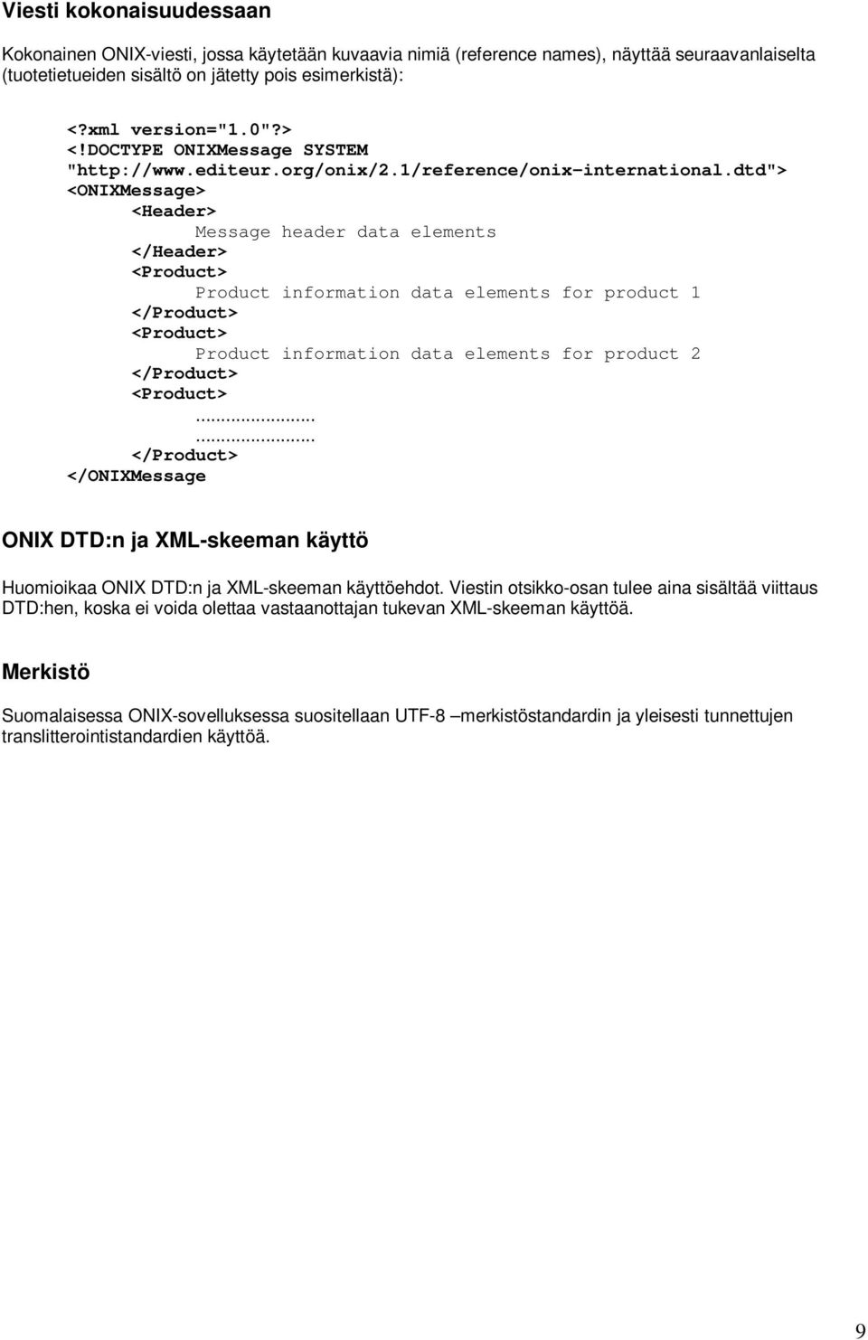 dtd"> <ONIXMessage> <Header> Message header data elements </Header> <Product> Product information data elements for product 1 </Product> <Product> Product information data elements for product 2