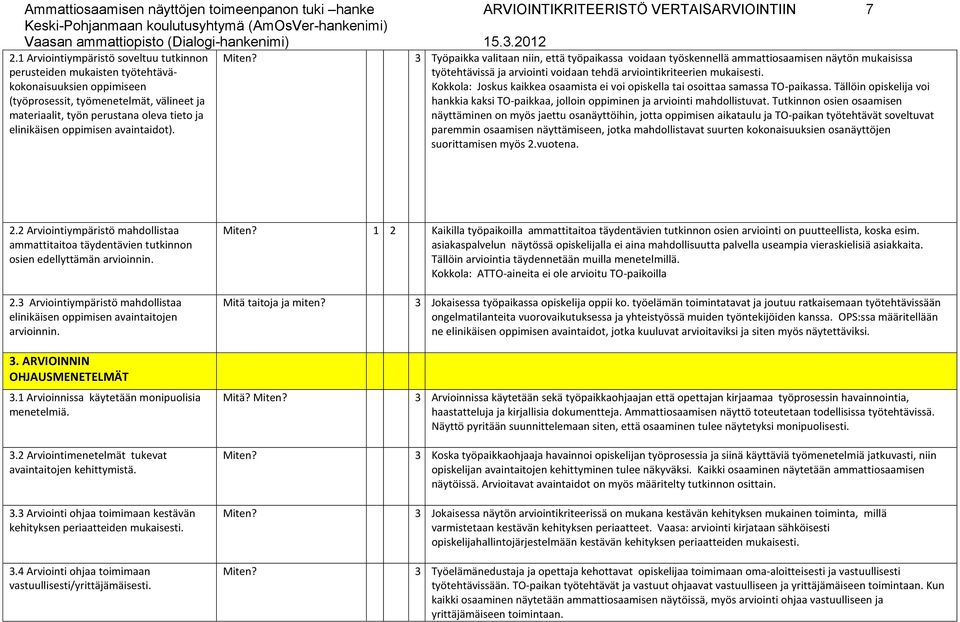 oppimisen avaintaidot). 3 Työpaikka valitaan niin, että työpaikassa voidaan työskennellä ammattiosaamisen näytön mukaisissa työtehtävissä ja arviointi voidaan tehdä arviointikriteerien mukaisesti.