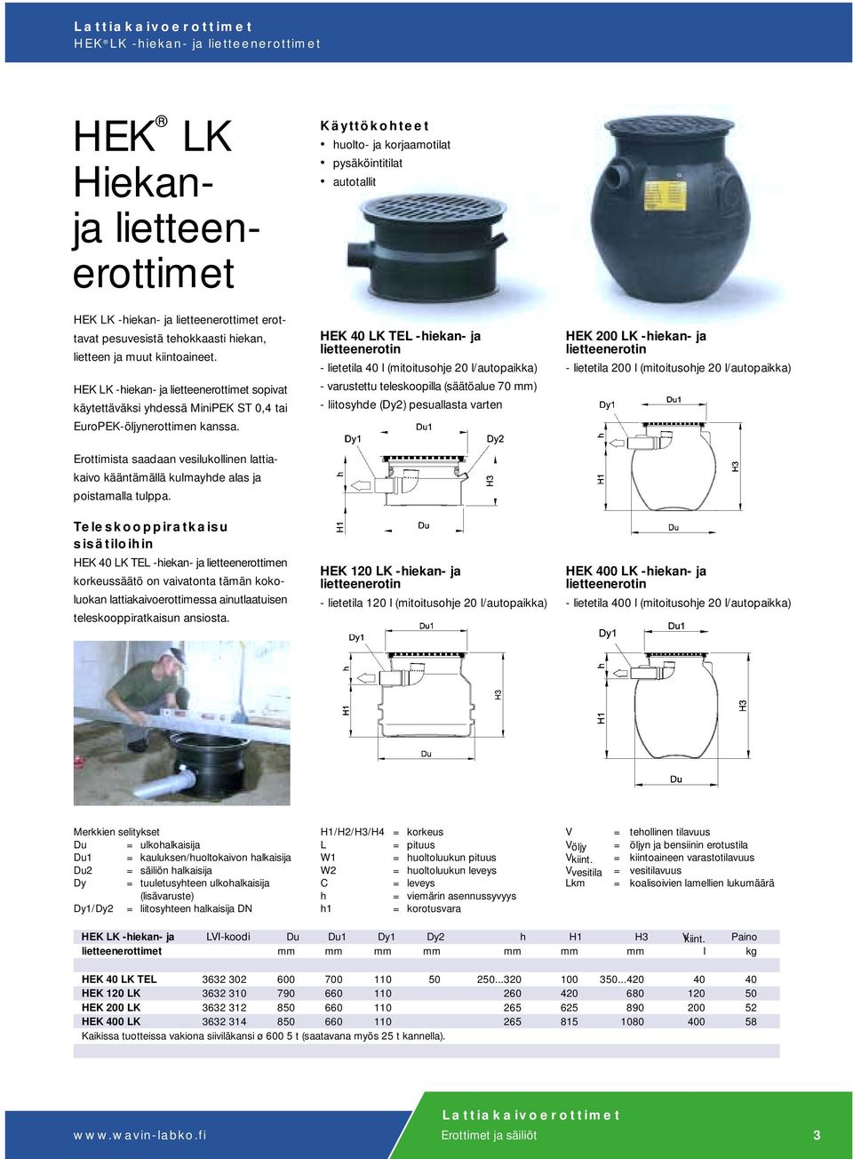 huolto- ja korjaamotilat pysäköintitilat autotallit HEK 40 LK TEL -hiekan- ja lietteenerotin - lietetila 40 l (mitoitusohje 20 l/autopaikka) - varustettu teleskoopilla (säätöalue 70 mm) - liitosyhde