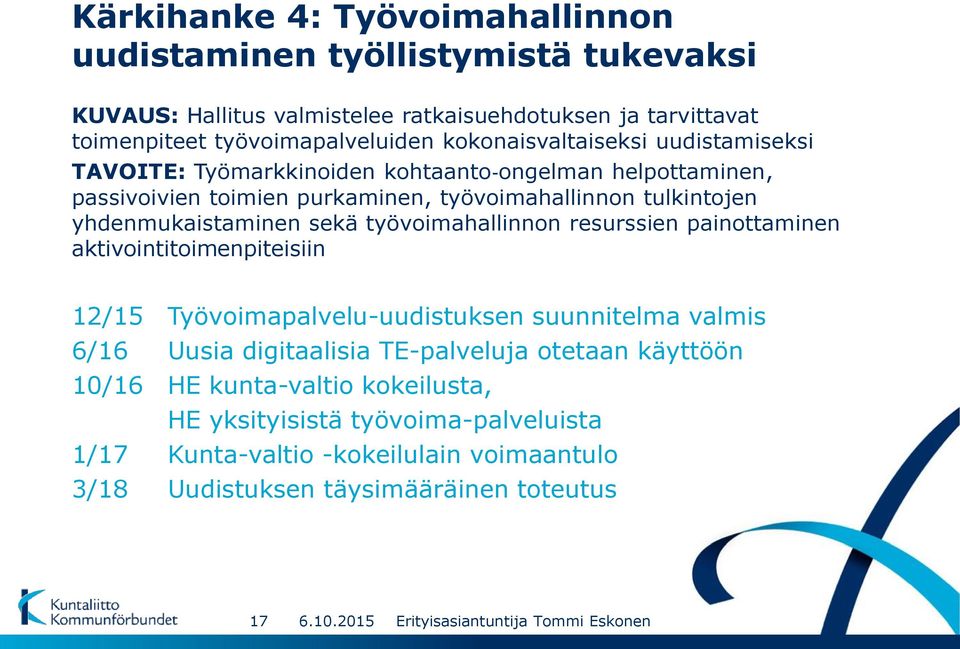 yhdenmukaistaminen sekä työvoimahallinnon resurssien painottaminen aktivointitoimenpiteisiin 12/15 Työvoimapalvelu-uudistuksen suunnitelma valmis 6/16 Uusia digitaalisia