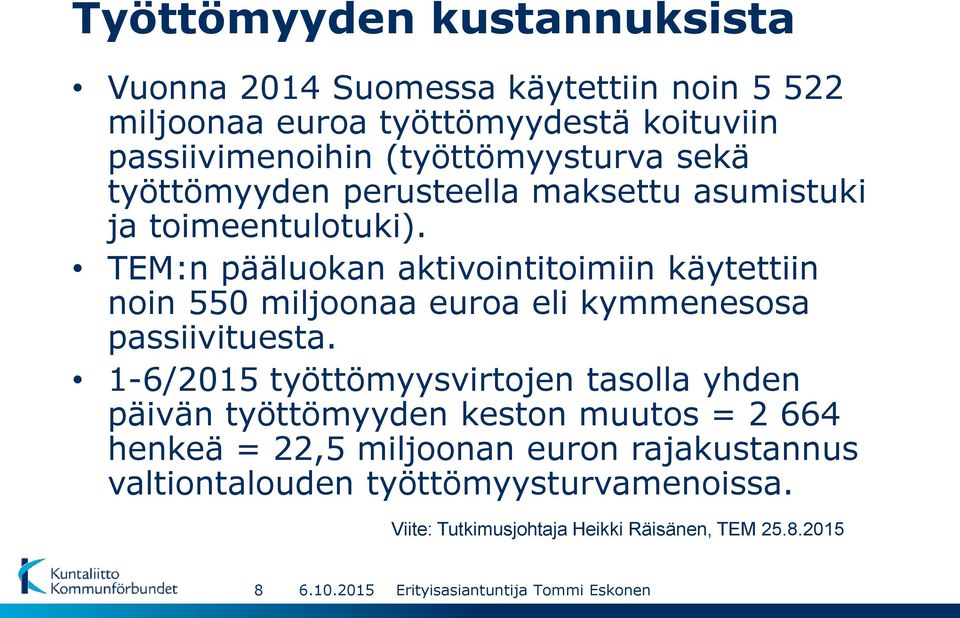 TEM:n pääluokan aktivointitoimiin käytettiin noin 550 miljoonaa euroa eli kymmenesosa passiivituesta.