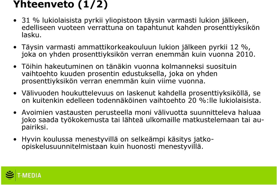 Töihin hakeutuminen on tänäkin vuonna kolmanneksi suosituin vaihtoehto kuuden prosentin edustuksella, joka on yhden prosenttiyksikön verran enemmän kuin viime vuonna.