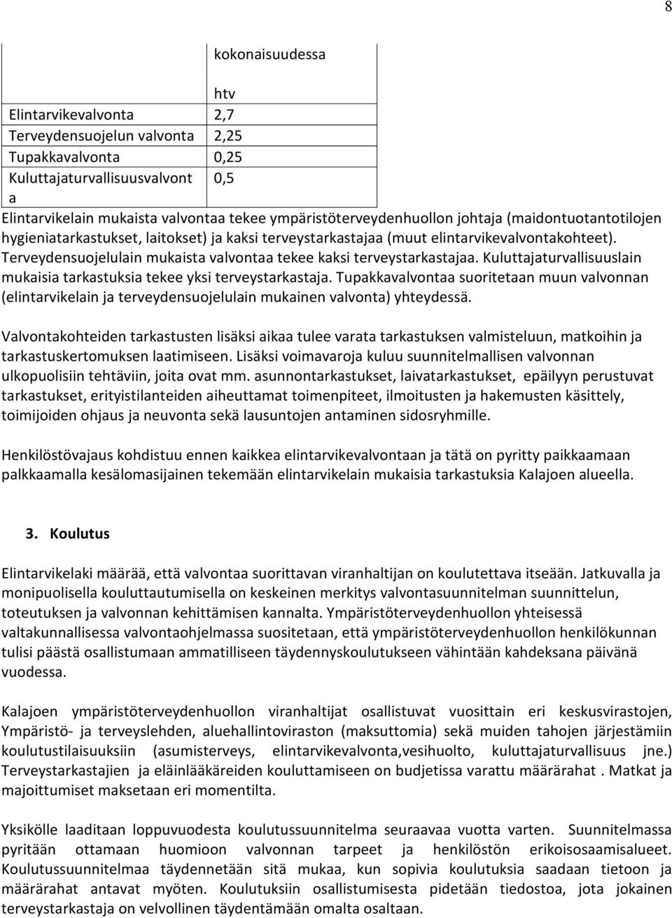 Terveydensuojelulain mukaista valvontaa tekee kaksi terveystarkastajaa. Kuluttajaturvallisuuslain mukaisia tarkastuksia tekee yksi terveystarkastaja.