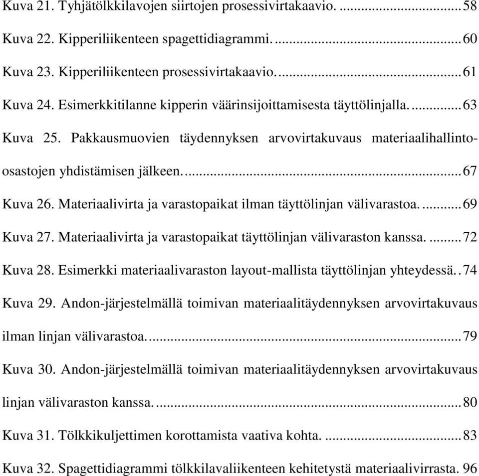 Materiaalivirta ja varastopaikat ilman täyttölinjan välivarastoa.... 69 Kuva 27. Materiaalivirta ja varastopaikat täyttölinjan välivaraston kanssa.... 72 Kuva 28.