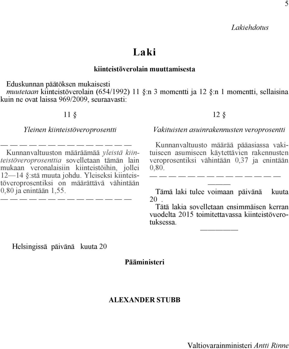 muuta johdu. Yleiseksi kiinteistöveroprosentiksi on määrättävä vähintään 0,80 ja enintään 1,55.