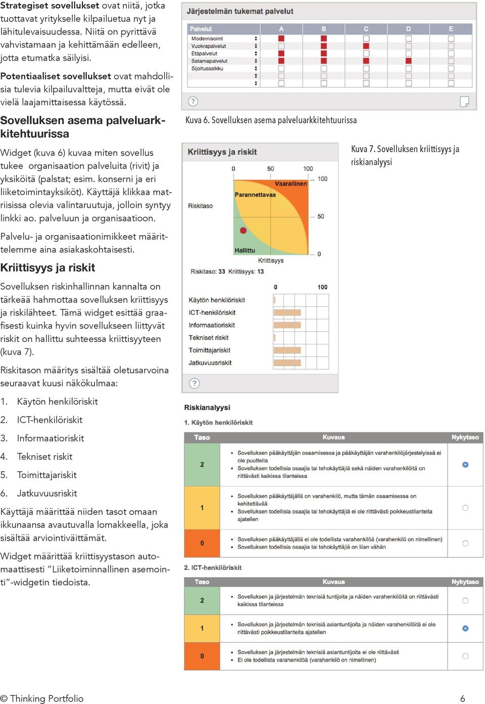 Sovelluksen asema palveluarkkitehtuurissa Widget (kuva 6) kuvaa miten sovellus tukee organisaation palveluita (rivit) ja yksiköitä (palstat; esim. konserni ja eri liiketoimintayksiköt).