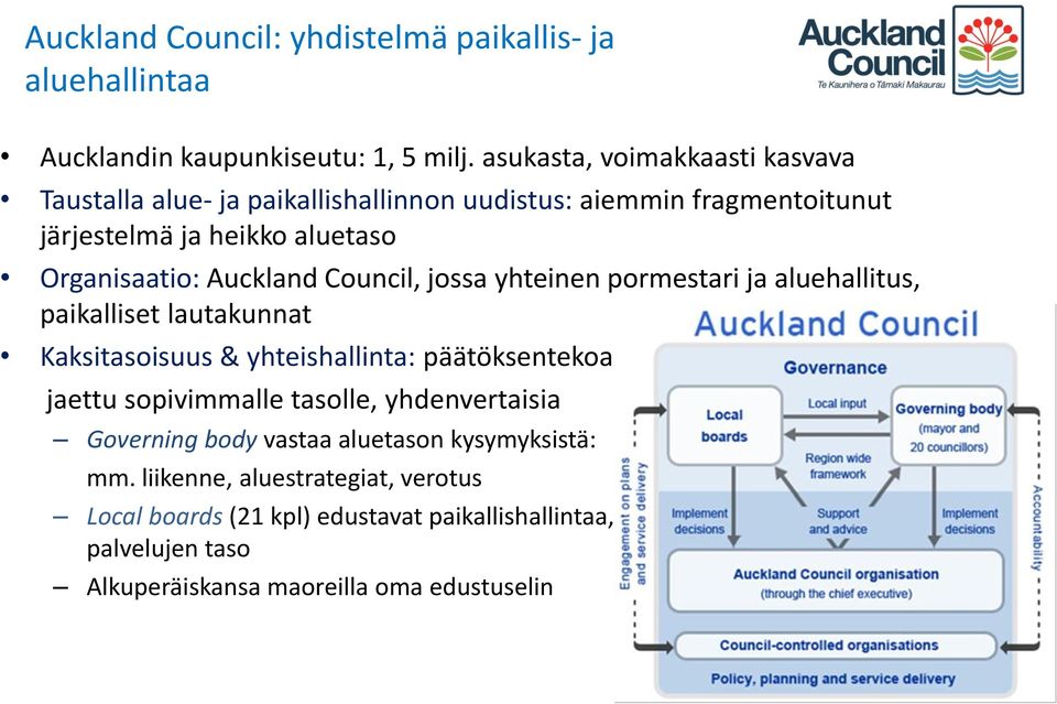 Council, jossa yhteinen pormestari ja aluehallitus, paikalliset lautakunnat Kaksitasoisuus & yhteishallinta: päätöksentekoa jaettu sopivimmalle tasolle,