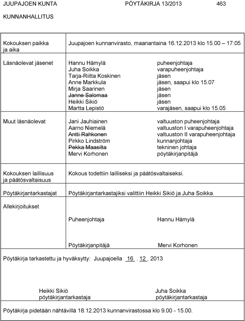 Rahkonen Pirkko Lindström Pekka Maasilta Mervi Korhonen puheenjohtaja varapuheenjohtaja jäsen jäsen, saapui klo 15.07 jäsen jäsen jäsen varajäsen, saapui klo 15.