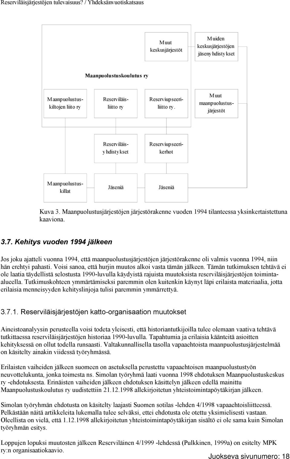 Maanpuolustusjärjestöjen järjestörakenne vuoden 1994 tilanteessa yksinkertaistettuna kaaviona. 3.7.