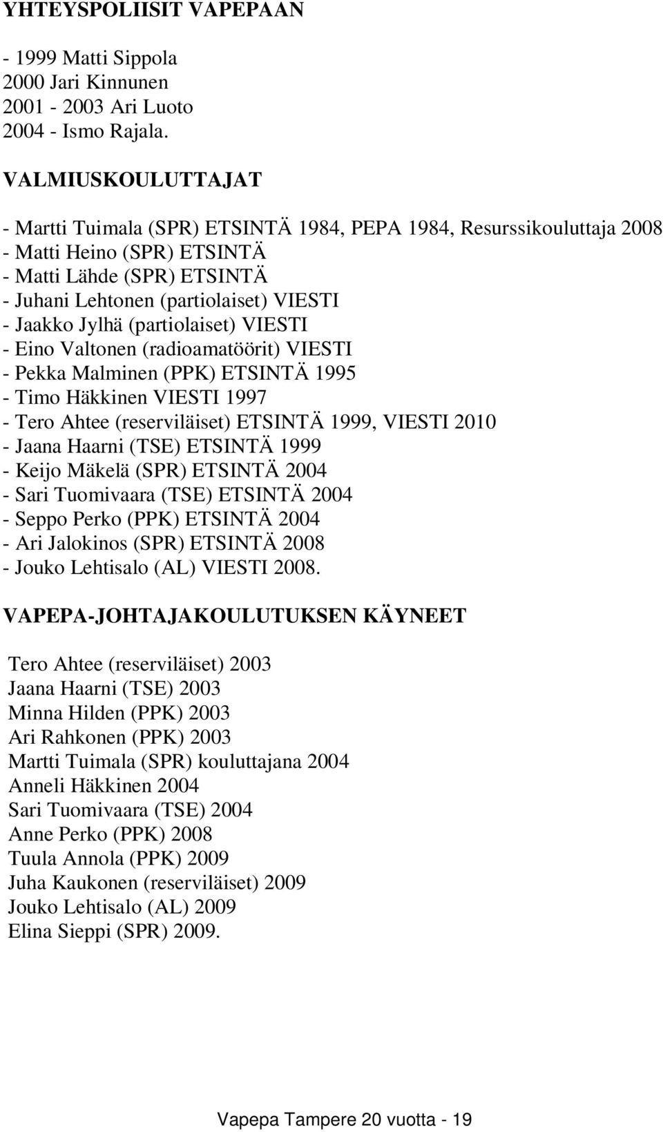 Jylhä (partiolaiset) VIESTI - Eino Valtonen (radioamatöörit) VIESTI - Pekka Malminen (PPK) ETSINTÄ 1995 - Timo Häkkinen VIESTI 1997 - Tero Ahtee (reserviläiset) ETSINTÄ 1999, VIESTI 2010 - Jaana