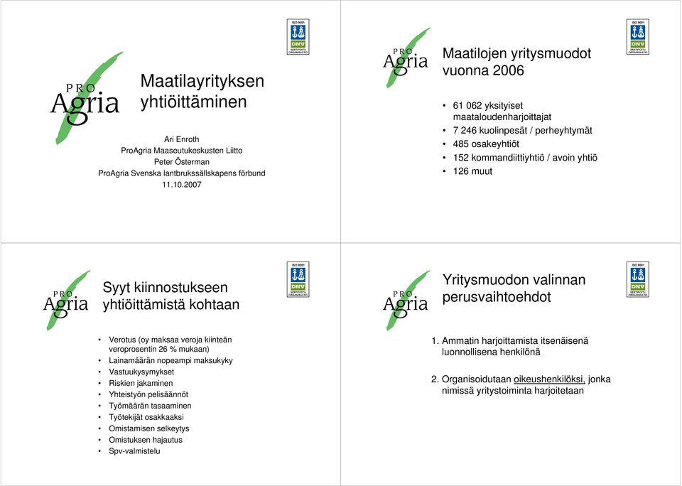 yhtiöittämistä kohtaan Yritysmuodon valinnan perusvaihtoehdot Verotus (oy maksaa veroja kiinteän veroprosentin 26 % mukaan) Lainamäärän nopeampi maksukyky Vastuukysymykset Riskien jakaminen