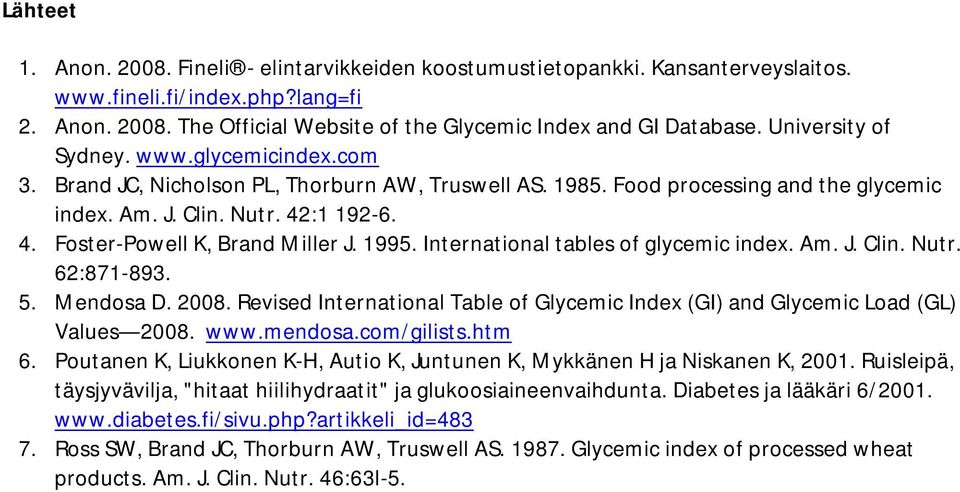 1995. International tables of glycemic index. Am. J. Clin. Nutr. 62:871-893. 5. Mendosa D. 2008. Revised International Table of Glycemic Index (GI) and Glycemic Load (GL) Values 2008. www.mendosa.