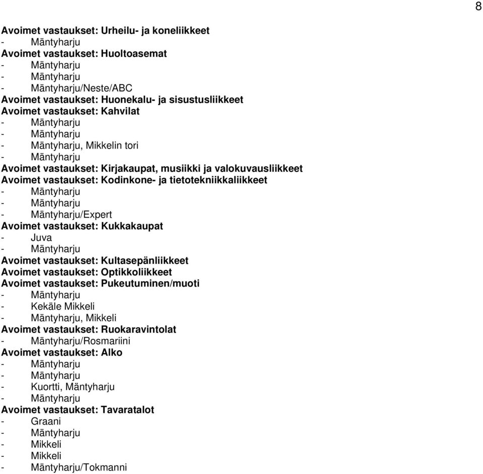 vastaukset: Kukkakaupat - Juva Avoimet vastaukset: Kultasepänliikkeet Avoimet vastaukset: Optikkoliikkeet Avoimet vastaukset: Pukeutuminen/muoti - Kekäle Mikkeli,