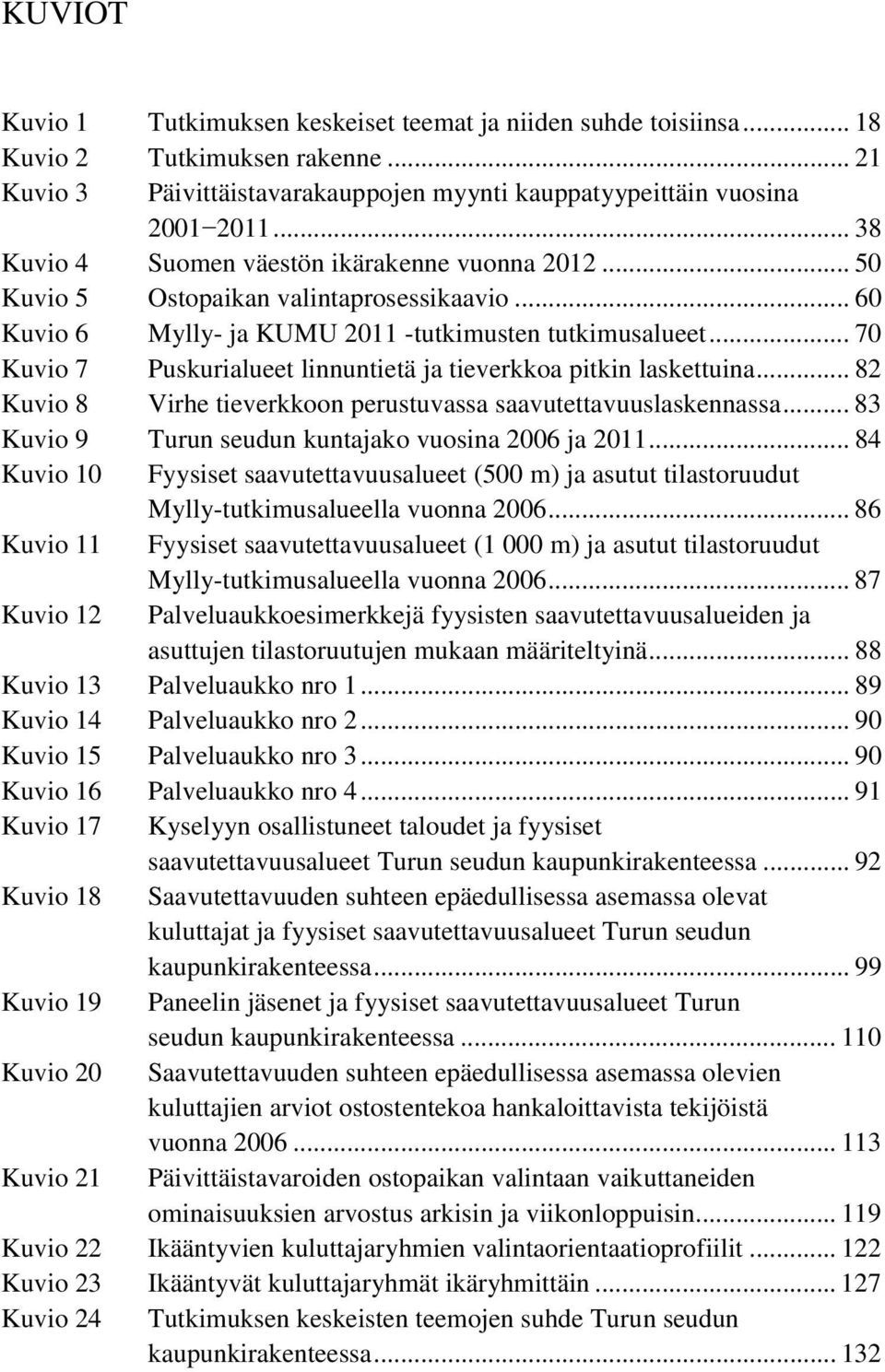 .. 70 Kuvio 7 Puskurialueet linnuntietä ja tieverkkoa pitkin laskettuina... 82 Kuvio 8 Virhe tieverkkoon perustuvassa saavutettavuuslaskennassa... 83 Kuvio 9 Turun seudun kuntajako vuosina 2006 ja 2011.