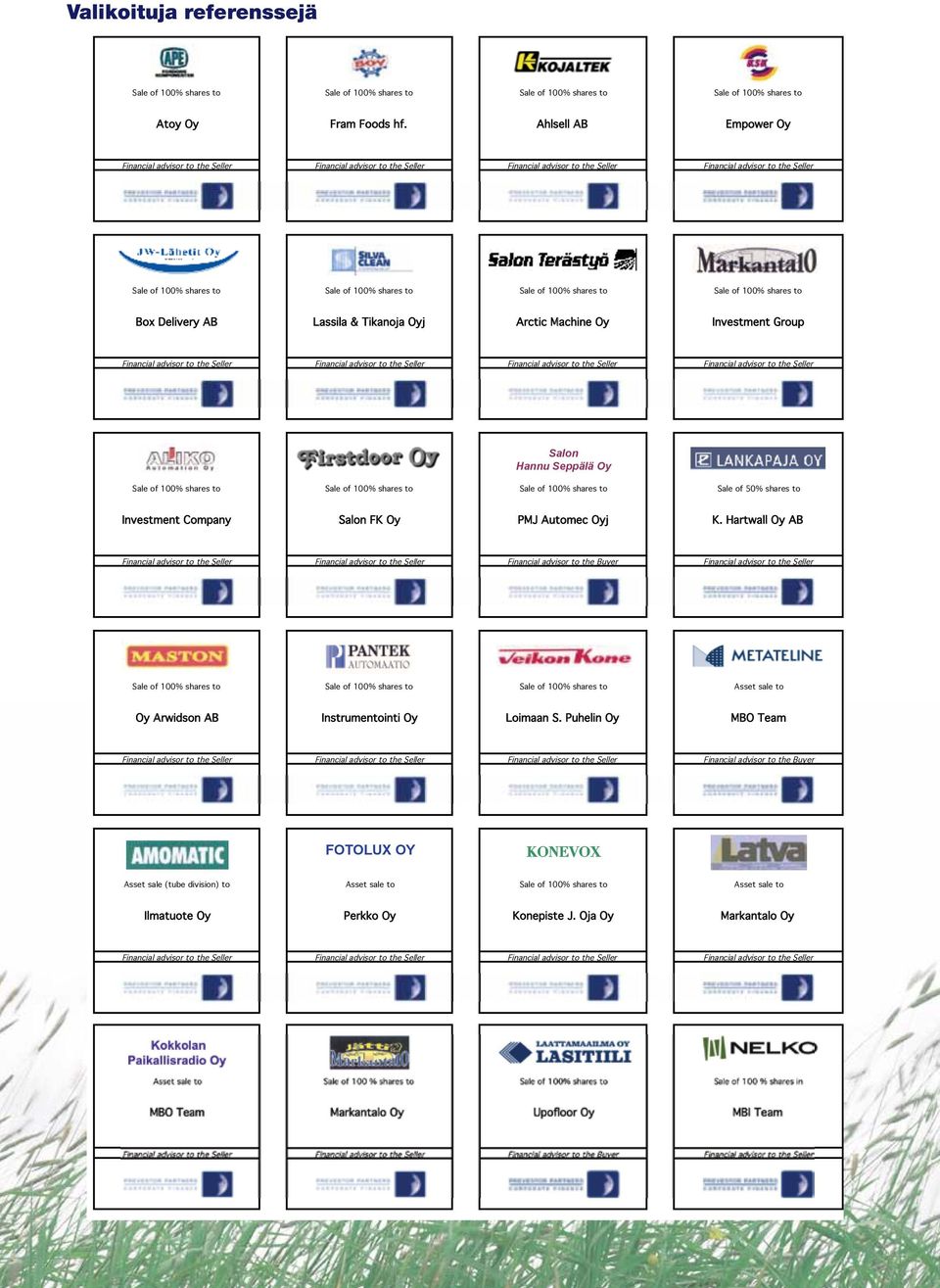 Sale of 100% shares to Sale of 100% shares to Box Delivery AB Lassila & Tikanoja Oyj Arctic Machine Oy Investment Group Financial advisor to the Seller Financial advisor to the Seller Financial