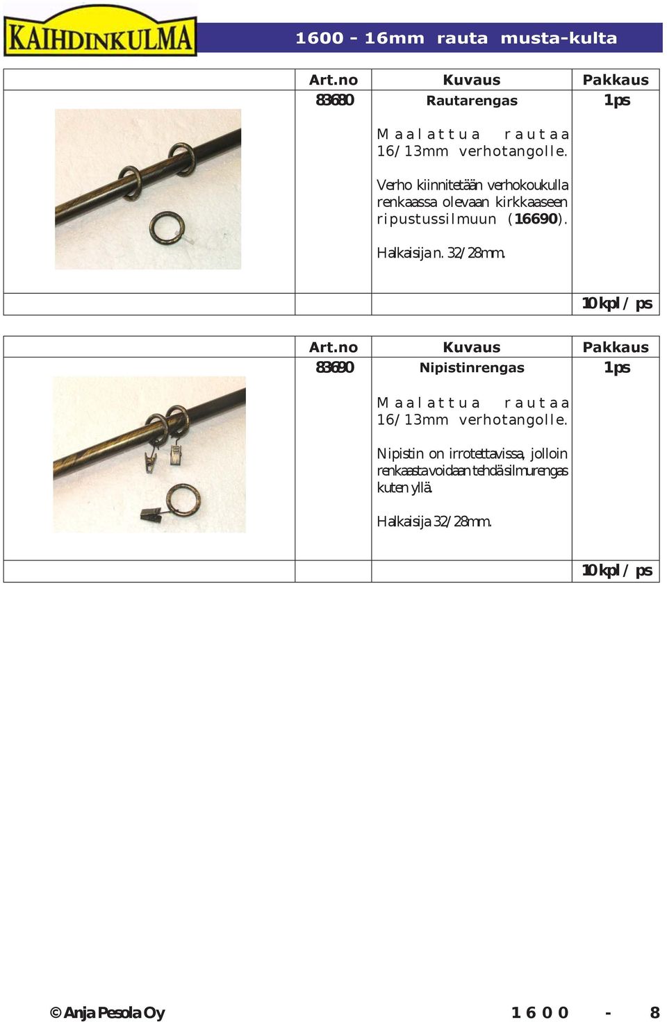 32/ 28mm. 10 kpl / ps 83690 Nipistinrengas 1 ps M a a l a t t u a r a u t a a 16/ 13mm verhotangol l e.