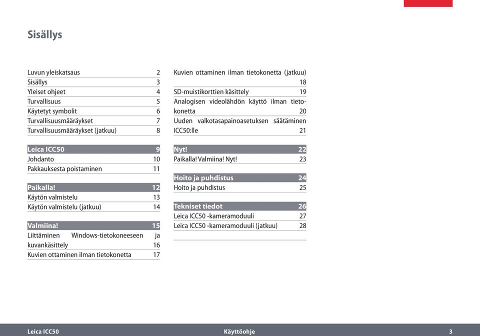15 Liittäminen Windows-tietokoneeseen ja kuvankäsittely 16 Kuvien ottaminen ilman tietokonetta 17 Kuvien ottaminen ilman tietokonetta (jatkuu) 18 SD-muistikorttien käsittely 19 Analogisen