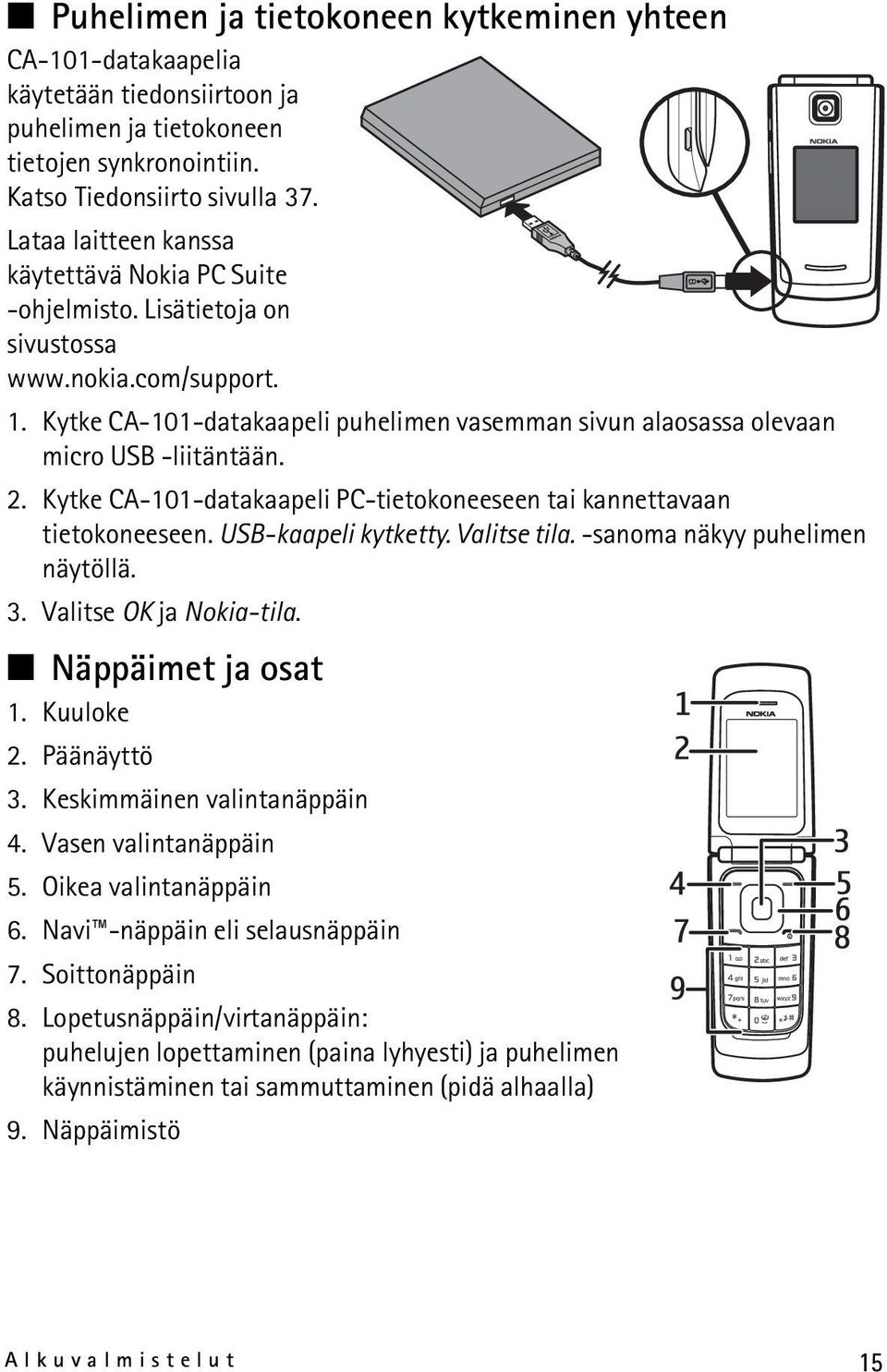 Kytke CA-101-datakaapeli puhelimen vasemman sivun alaosassa olevaan micro USB -liitäntään. 2. Kytke CA-101-datakaapeli PC-tietokoneeseen tai kannettavaan tietokoneeseen. USB-kaapeli kytketty.