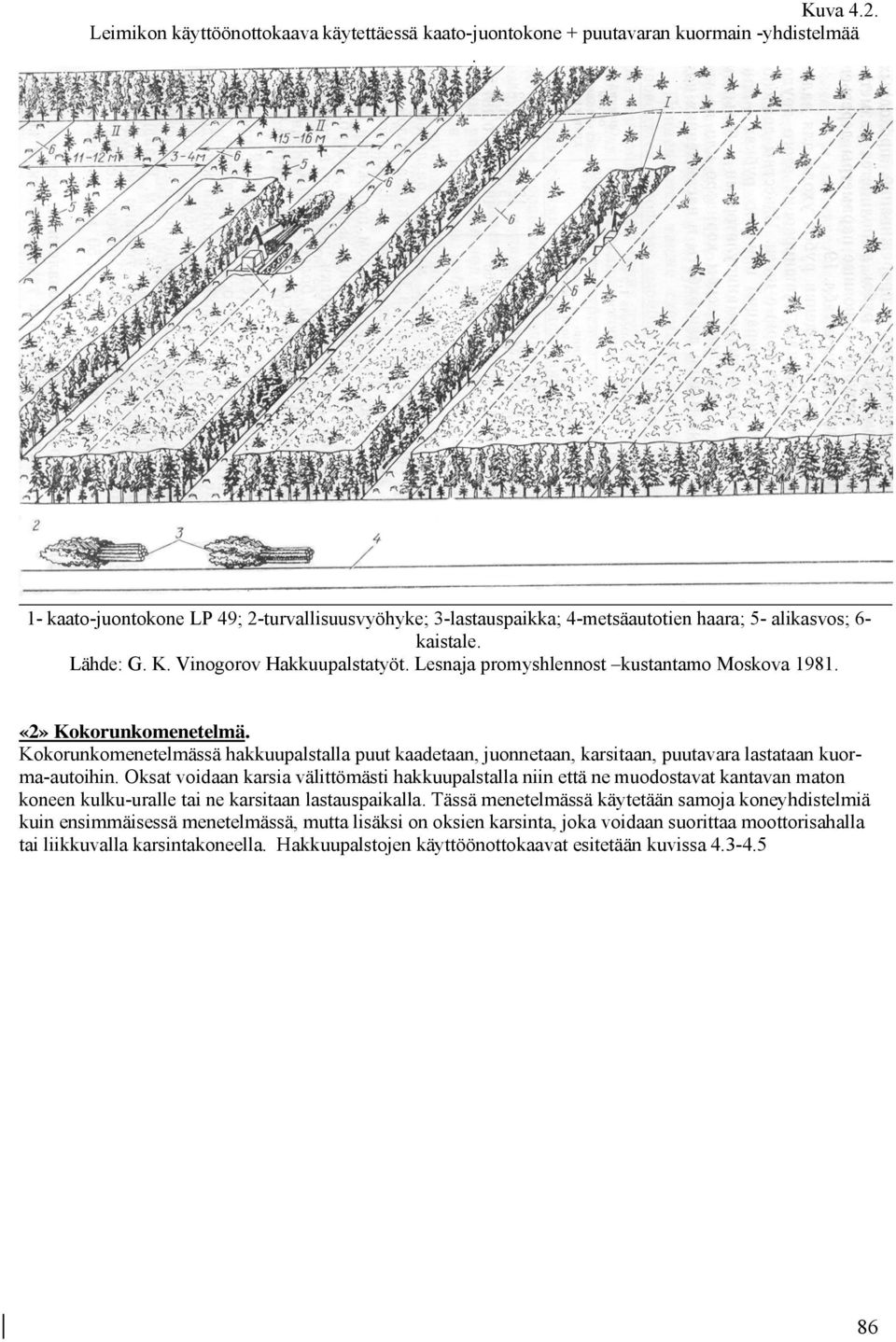 Lesnaja promyshlennost kustantamo Moskova 1981. «2» Kokorunkomenetelmä. Kokorunkomenetelmässä hakkuupalstalla puut kaadetaan, juonnetaan, karsitaan, puutavara lastataan kuorma-autoihin.