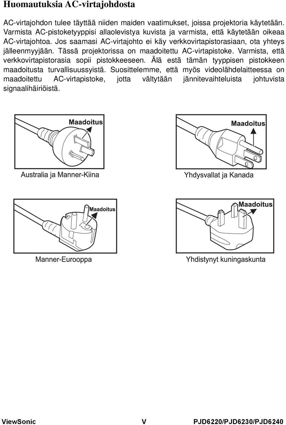 Jos saamasi AC-virtajohto ei käy verkkovirtapistorasiaan, ota yhteys jälleenmyyjään. Tässä projektorissa on maadoitettu AC-virtapistoke.