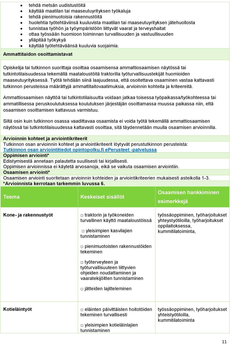 Ammattitaidon osoittamistavat Opiskelija tai tutkinnon suorittaja osoittaa osaamisensa ammattiosaamisen näytössä tai tutkintotilaisuudessa tekemällä maataloustöitä traktorilla työturvallisuustekijät