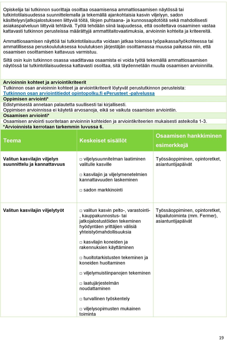 Työtä tehdään siinä laajuudessa, että osoitettava osaaminen vastaa kattavasti tutkinnon perusteissa määrättyjä ammattitaitovaatimuksia, arvioinnin kohteita ja kriteereitä.