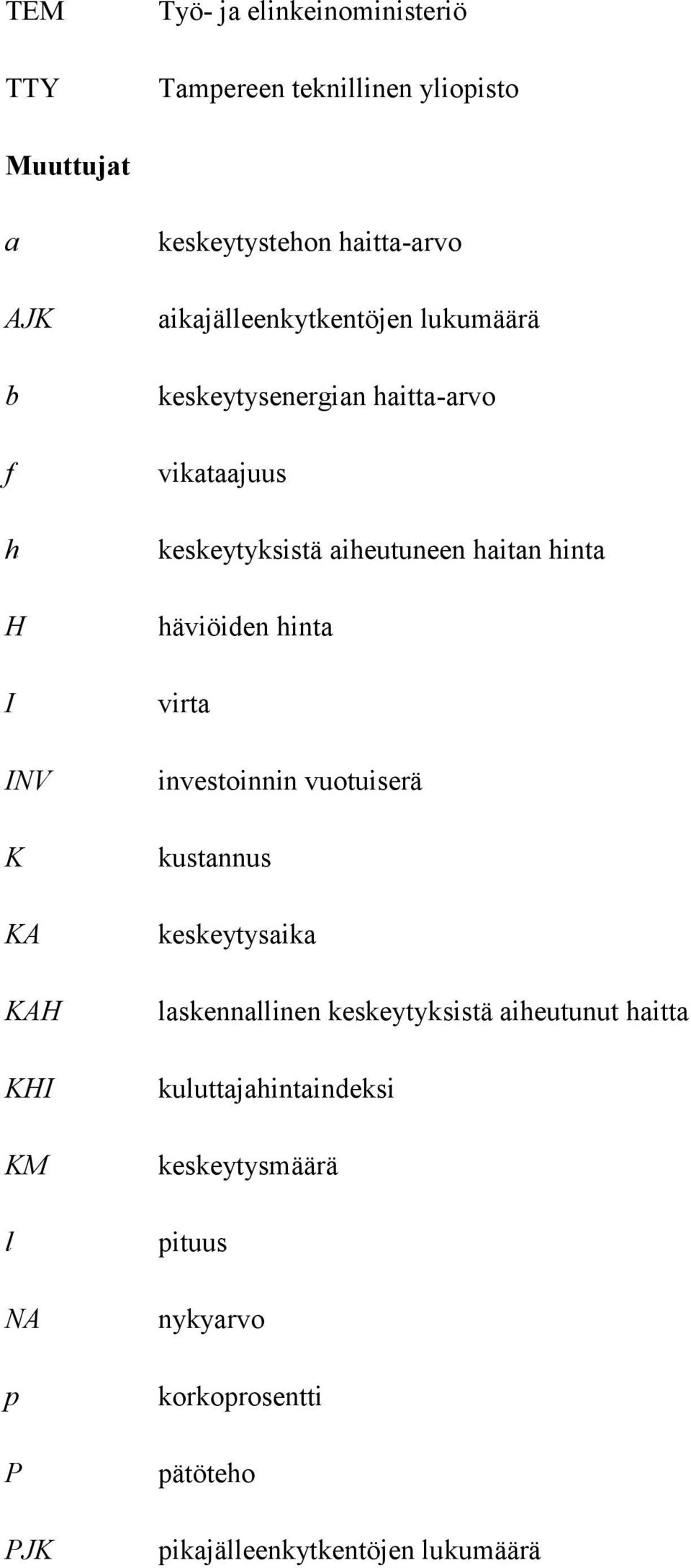 aiheutuneen haitan hinta häviöiden hinta virta investoinnin vuotuiserä kustannus keskeytysaika laskennallinen