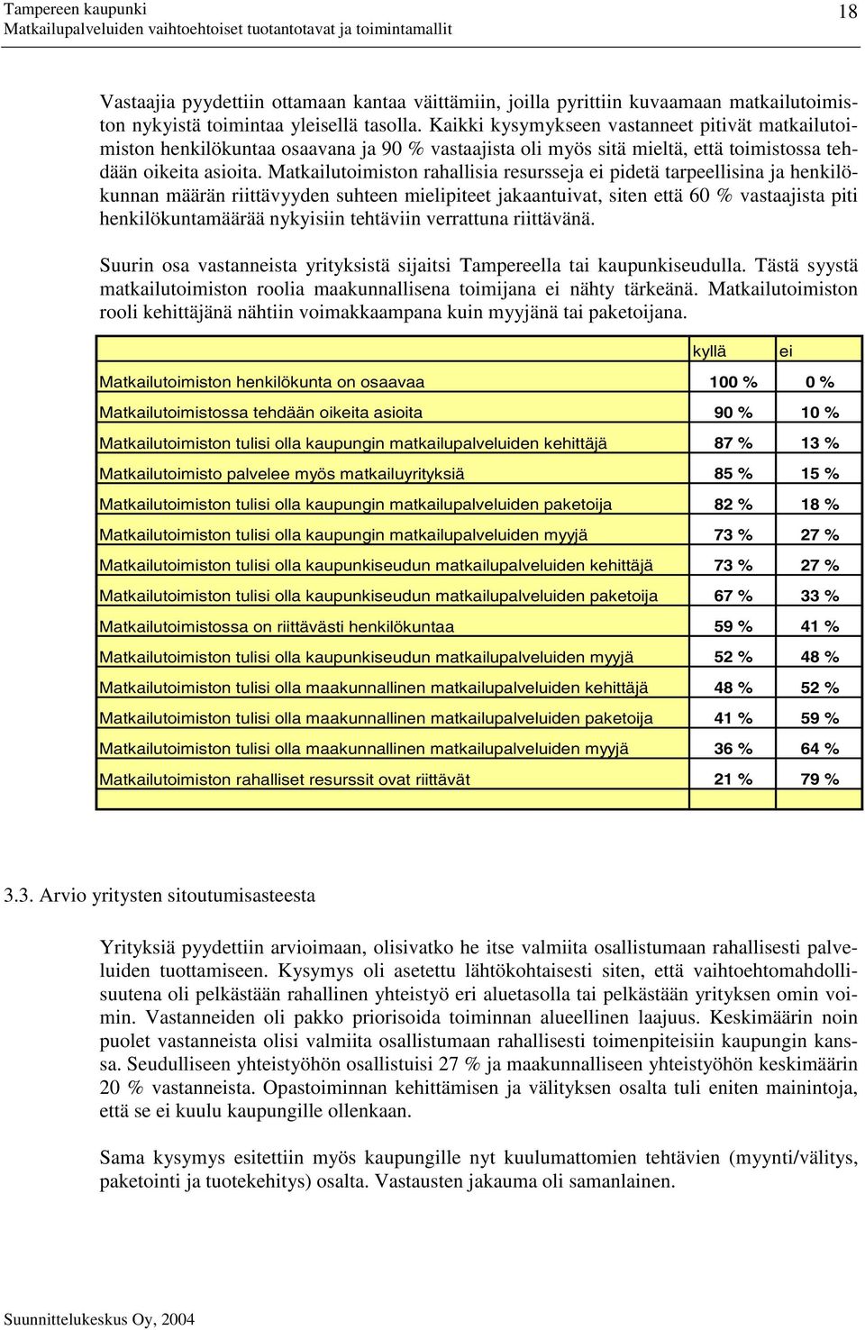 Matkailutoimiston rahallisia resursseja ei pidetä tarpeellisina ja henkilökunnan määrän riittävyyden suhteen mielipiteet jakaantuivat, siten että 60 % vastaajista piti henkilökuntamäärää nykyisiin