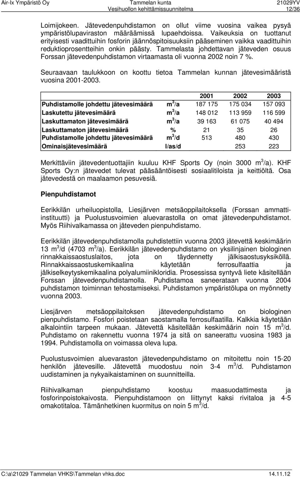 Tammelasta johdettavan jäteveden osuus Forssan jätevedenpuhdistamon virtaamasta oli vuonna 2002 noin 7 %. Seuraavaan taulukkoon on koottu tietoa Tammelan kunnan jätevesimääristä vuosina 2001-2003.