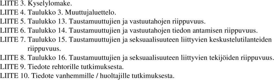 Taustamuuttujien ja seksuaalisuuteen liittyvien keskustelutilanteiden riippuvuus. LIITE 8. Taulukko 16.