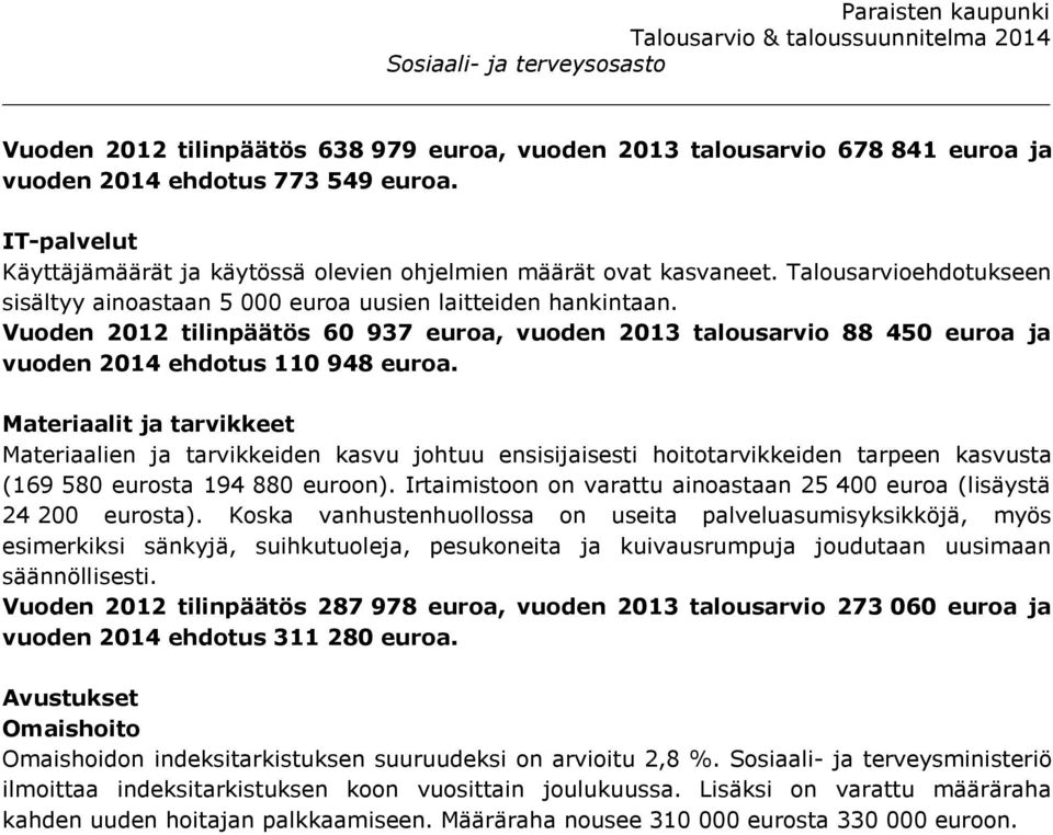 Materiaalit ja tarvikkeet Materiaalien ja tarvikkeiden kasvu johtuu ensisijaisesti hoitotarvikkeiden tarpeen kasvusta (169 580 eurosta 194 880 euroon).