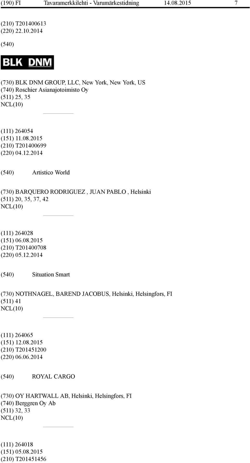 2015 (210) T201400708 (220) 05.12.2014 Situation Smart (730) NOTHNAGEL, BAREND JACOBUS, Helsinki, Helsingfors, FI (511) 41 (111) 264065 (151) 12.08.2015 (210) T201451200 (220) 06.