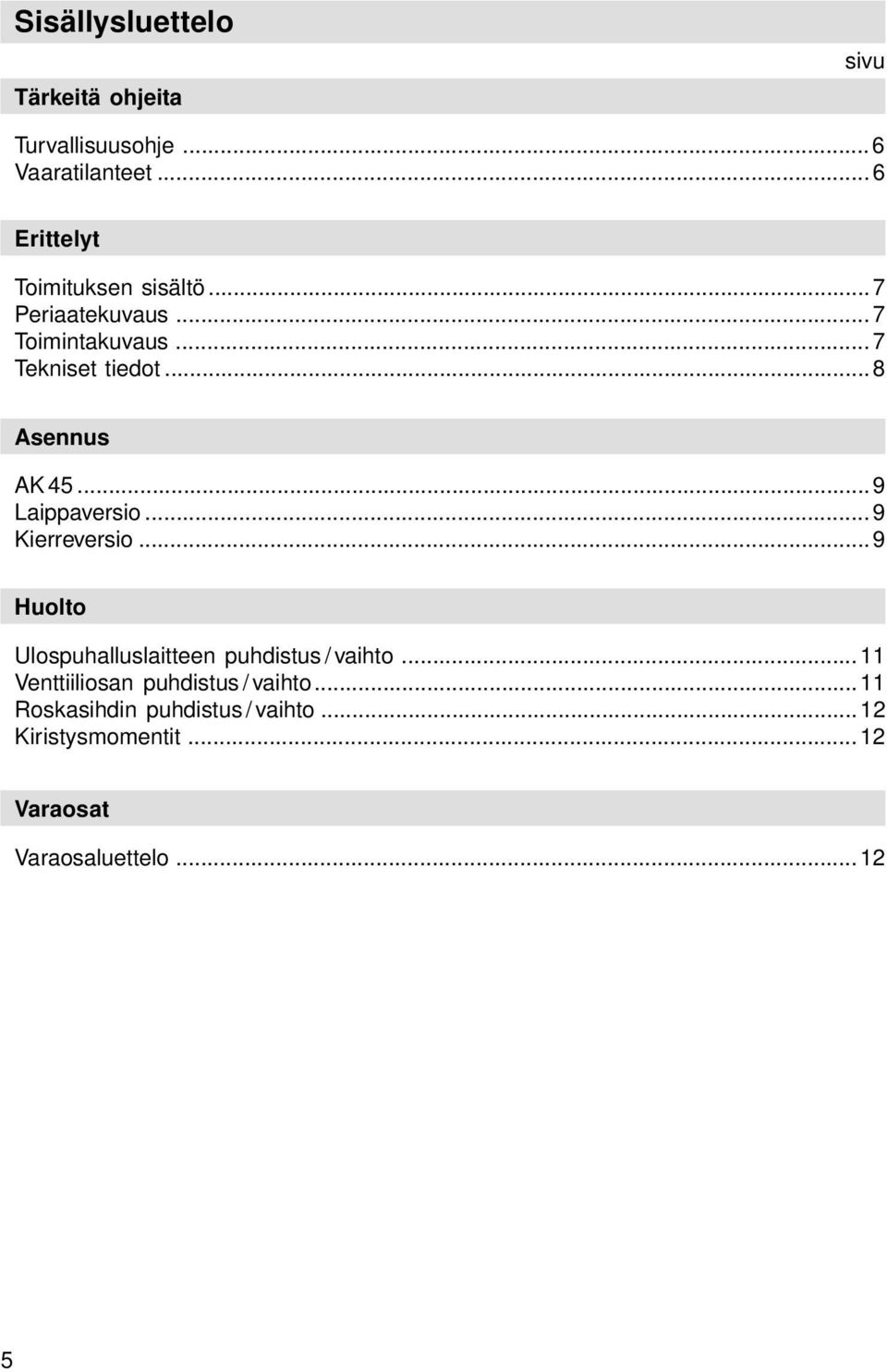 ..8 Asennus AK 45...9 Laippaversio...9 Kierreversio...9 Huolto Ulospuhalluslaitteen puhdistus / vaihto.