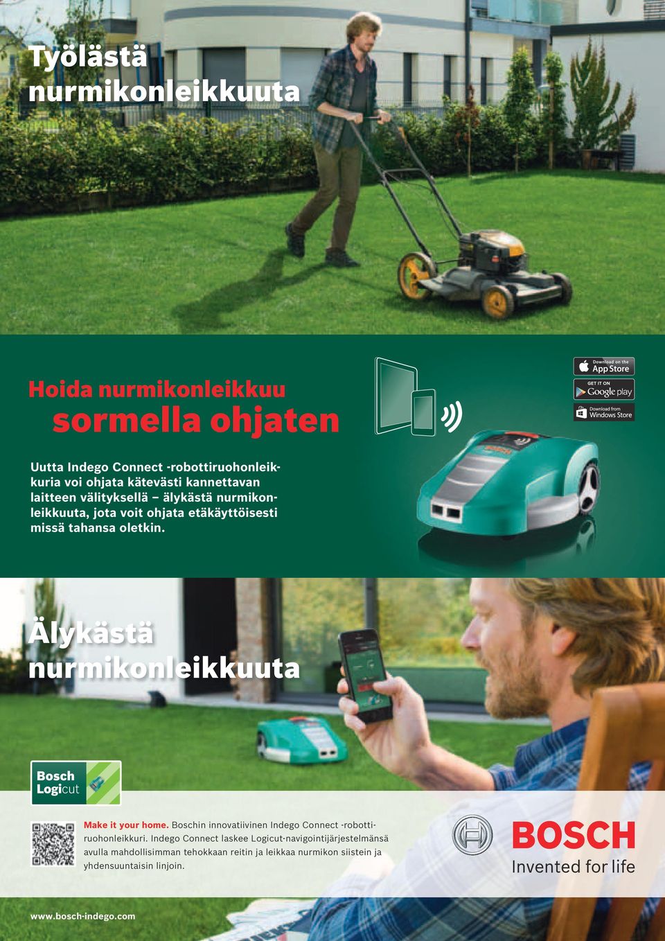 Älykästä nurmikonleikkuuta Make it your home. Boschin innovatiivinen Indego Connect -robottiruohonleikkuri.
