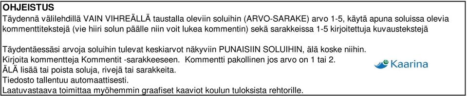 näkyviin PUNAISIIN SOLUIHIN, älä koske niihin. Kirjoita kommentteja Kommentit -sarakkeeseen. Kommentti pakollinen jos arvo on 1 tai 2.