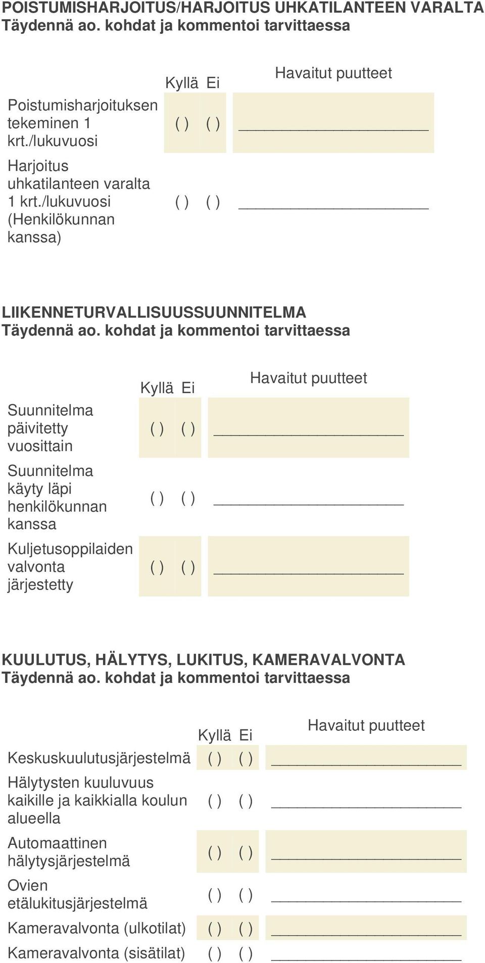 kohdat ja kommentoi Suunnitelma päivitetty vuosittain Suunnitelma käyty läpi henkilökunnan kanssa Kuljetusoppilaiden valvonta järjestetty Kyllä Ei Havaitut puutteet KUULUTUS, HÄLYTYS,