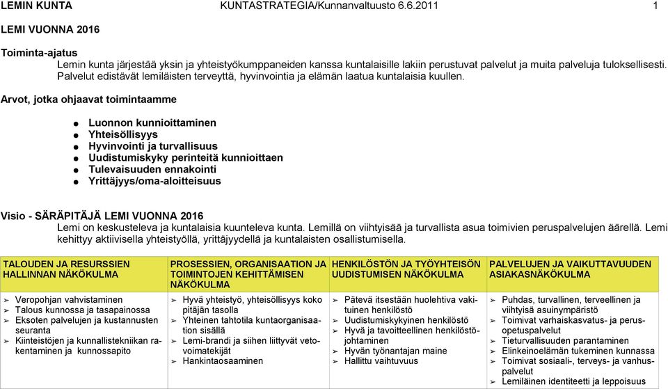 Palvelut edistävät lemiläisten terveyttä, hyvinvointia ja elämän laatua kuntalaisia kuullen.