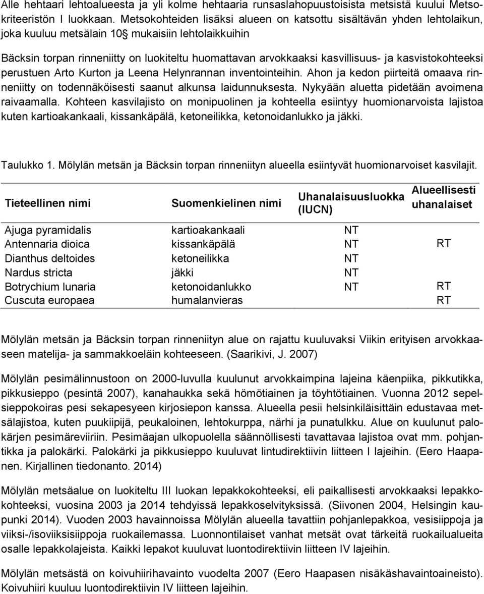 kasvillisuus- ja kasvistokohteeksi perustuen Arto Kurton ja Leena Helynrannan inventointeihin. Ahon ja kedon piirteitä omaava rinneniitty on todennäköisesti saanut alkunsa laidunnuksesta.