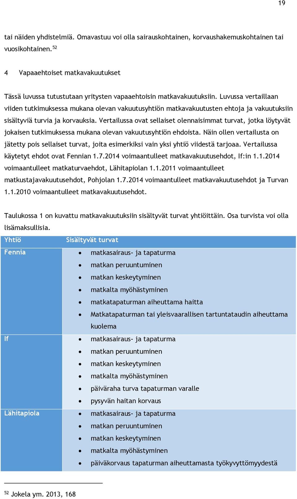 Luvussa vertaillaan viiden tutkimuksessa mukana olevan vakuutusyhtiön matkavakuutusten ehtoja ja vakuutuksiin sisältyviä turvia ja korvauksia.