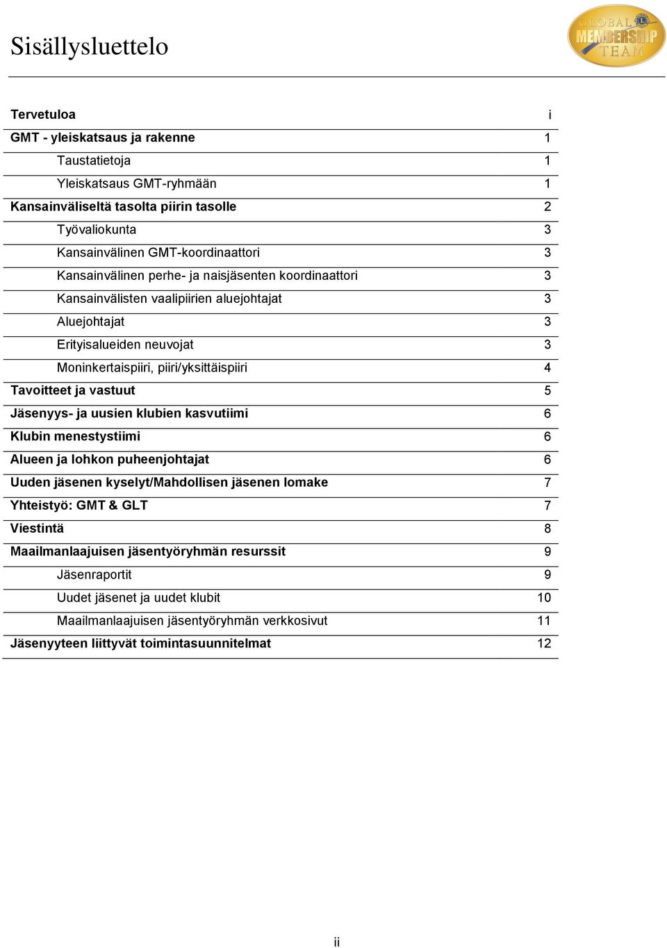 piiri/yksittäispiiri 4 Tavoitteet ja vastuut 5 Jäsenyys- ja uusien klubien kasvutiimi 6 Klubin menestystiimi 6 Alueen ja lohkon puheenjohtajat 6 Uuden jäsenen kyselyt/mahdollisen jäsenen lomake