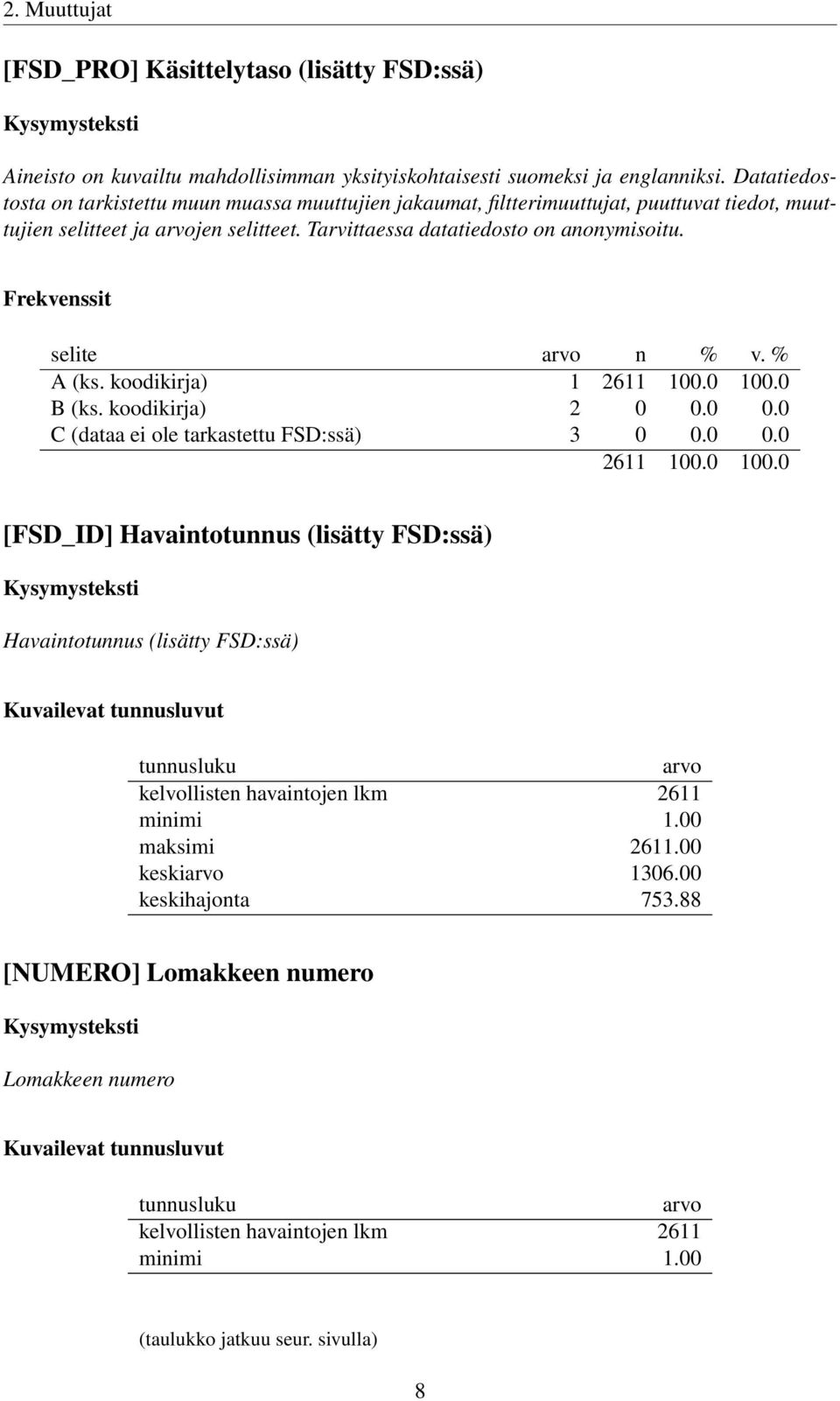 koodikirja) 1 B (ks. koodikirja) 2 0 0.0 0.0 C (dataa ei ole tarkastettu FSD:ssä) 3 0 0.0 0.0 [FSD_ID] Havaintotunnus (lisätty FSD:ssä) Havaintotunnus (lisätty FSD:ssä) Kuvailevat tunnusluvut tunnusluku arvo kelvollisten havaintojen lkm 2611 minimi 1.