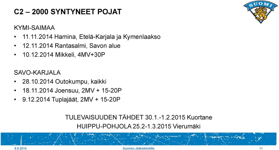 2014 Joensuu, 2MV + 15-20P 9.12.2014 Tuplajäät, 2MV + 15-20P TULEVAISUUDEN TÄHDET 30.1.-1.2.2015 Kuortane HUIPPU-POHJOLA 25.